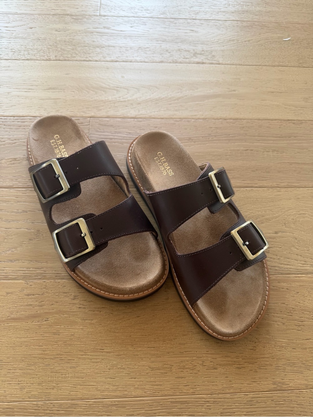 G.H. Bass & Co. Men’s Double-Buckle Slide Sandals - Dark Brown with Gold Buckles